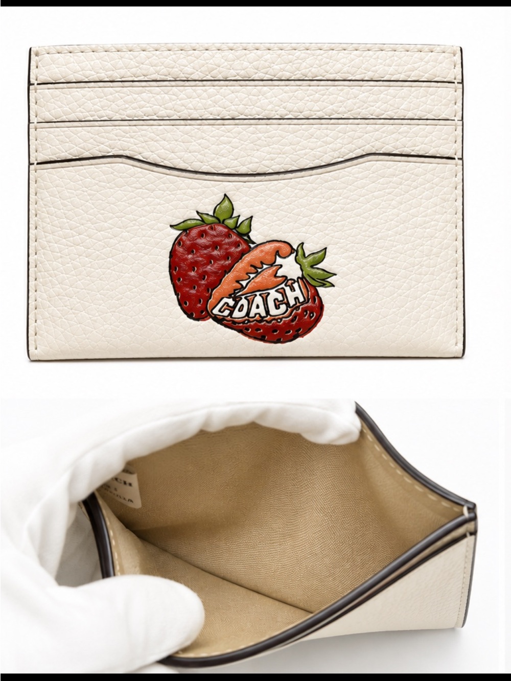 Coach Leather Cream Slim ID and Card Holder Strawberry Motif. NWT Retail $98